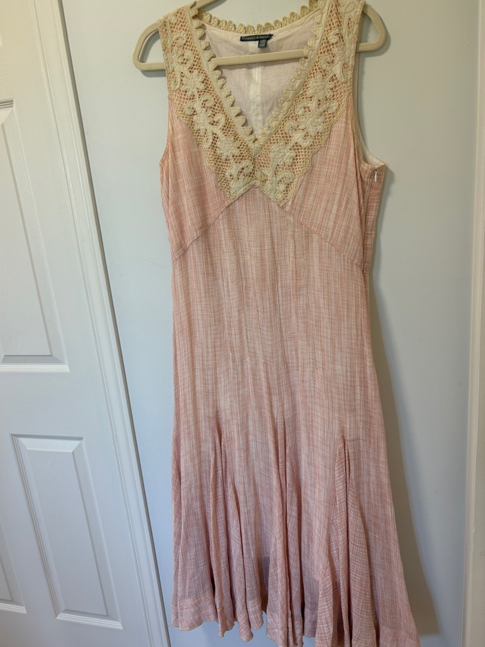 Tristan & Iseut Linen A-line Maxi Dress Pink Lace sleeveless Lined Flowy 12